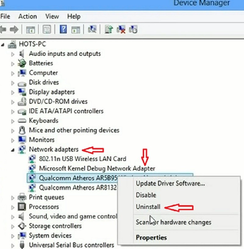 Reinstalling network adapter from the Device Manager