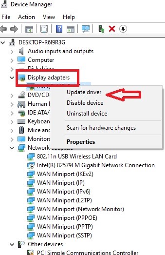 Display adapter Update Driver option