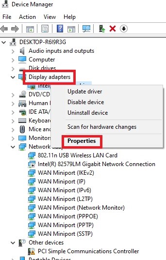 Display Adapter Properties option