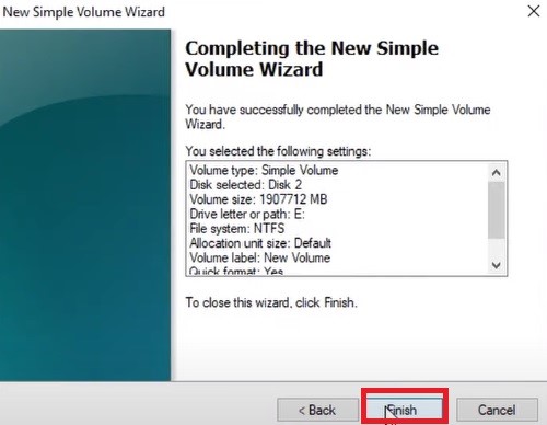 Completing New Simple Volume Wizard