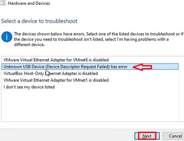 Select a device to troubleshoot