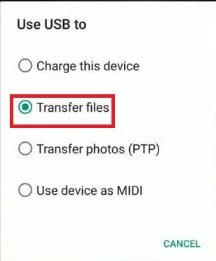 Transfer files’ option in the Use USB to
