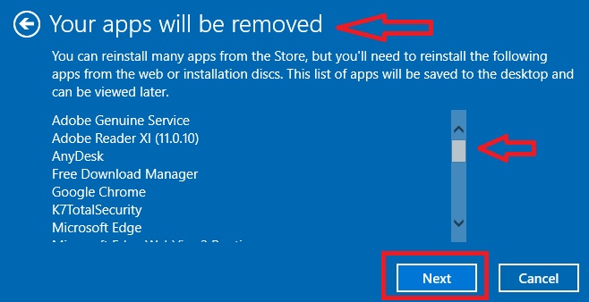 Your apps will be removed window