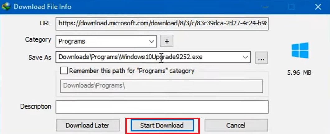 Download File Info window