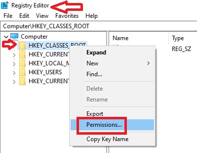 Select HKEY_CLASSES_ROOT and right-click on it