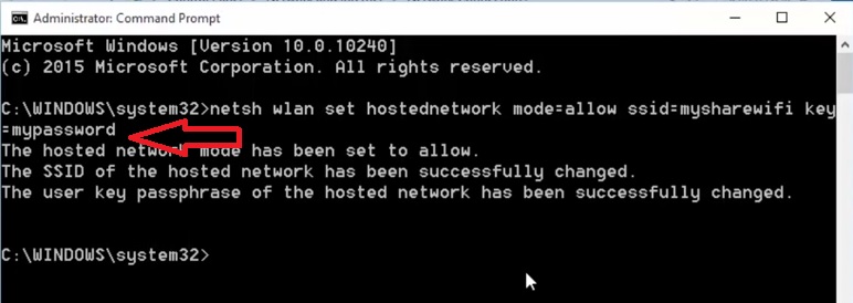 netsh wlan set hostednetwork mode=allow ssid=mywifiname key=mypassword