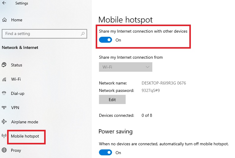 Select Mobile hotspot from the left panel