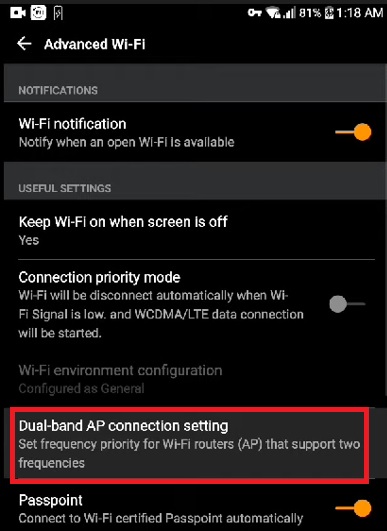 Look for the Dual-band AP connection setting