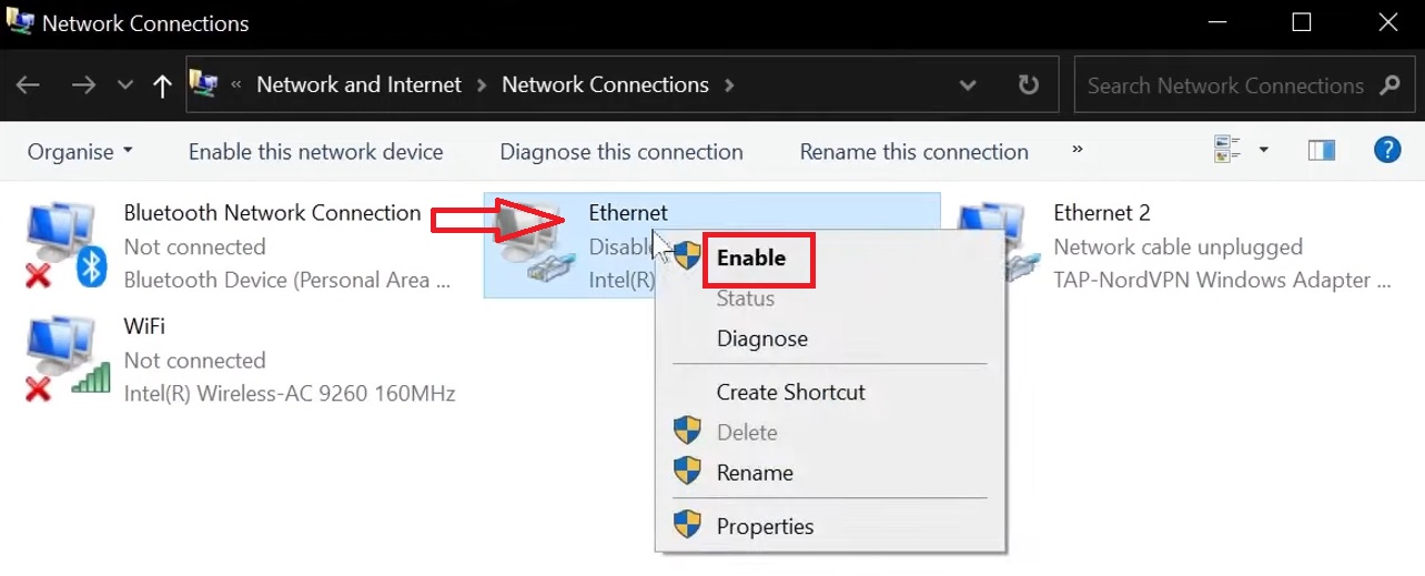 right-click on the Ethernet option