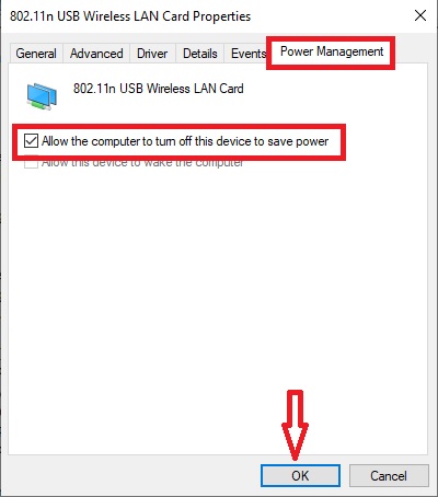 Go to the Power Management tab in the Properties window