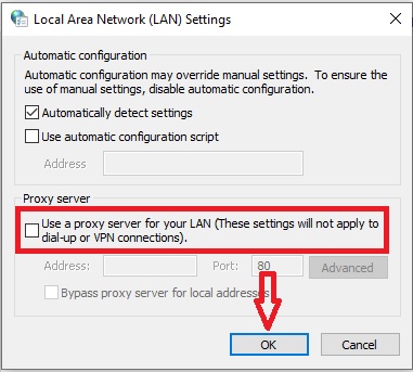 Use a proxy server for your LAN (These settings will not apply to dial-up or VPN connections)