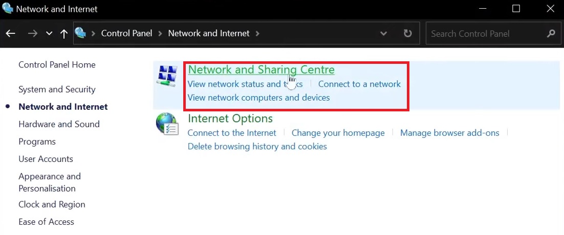 Click on Network and Sharing Centre