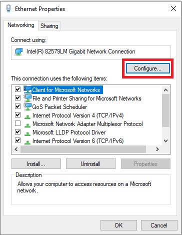Click on the Configure button on the Ethernet Properties window