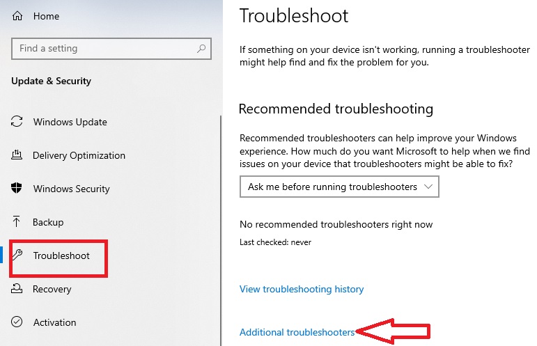 Click on Additional troubleshooters on the right side