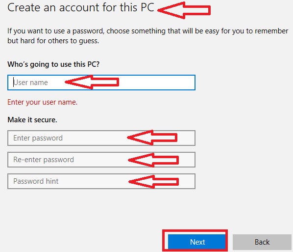 Create an account for this PC