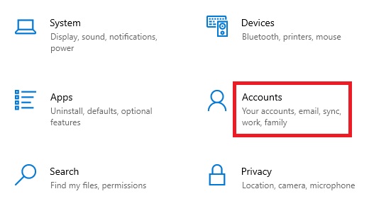 Choose Accounts from the different options displayed