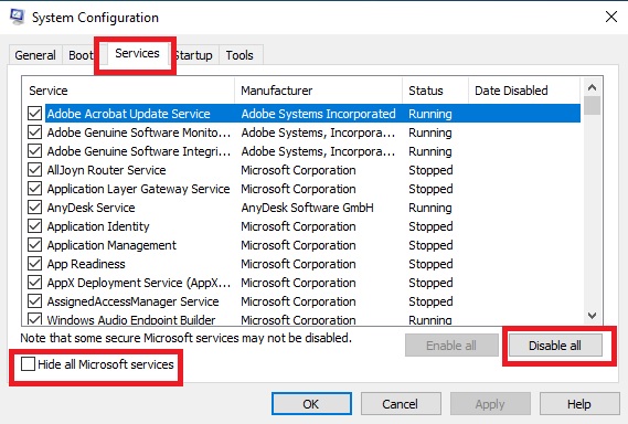 Services tab in the System Configuration window