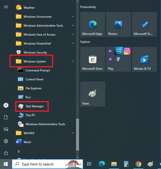 Open Task Manager from the Windows System in the Start Menu