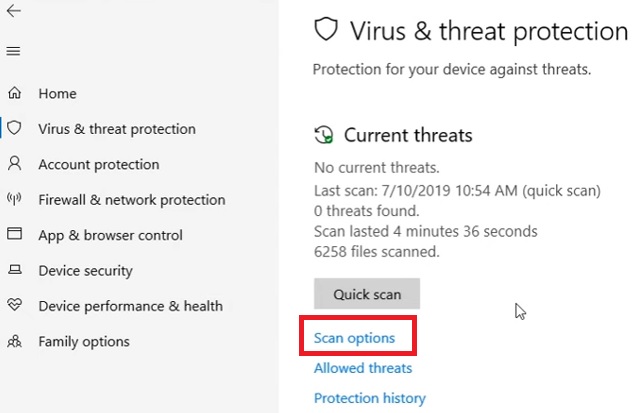 Virus & threat protection window