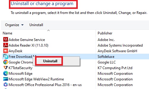 Uninstall or change a program