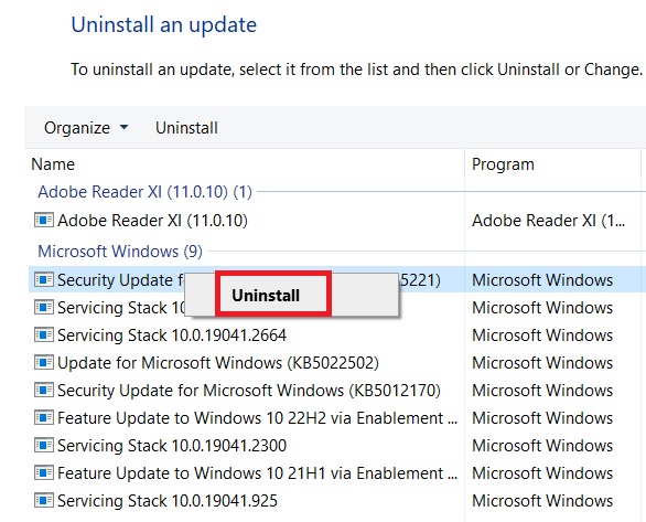 Uninstall an update page