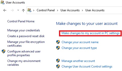 Make changes to my account in PC Settings