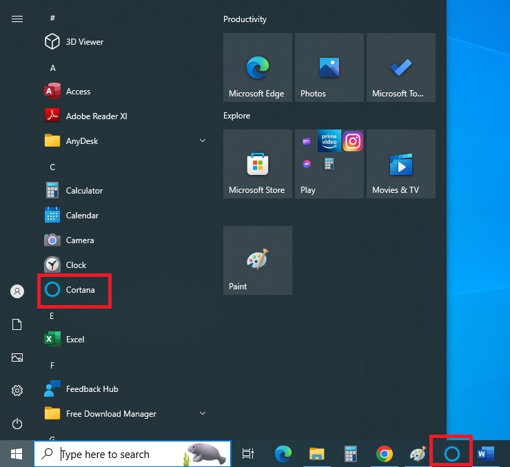 Open Cortana from the Start menu