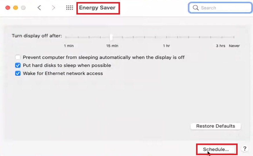 Click on the Schedule button in the Energy Saver window