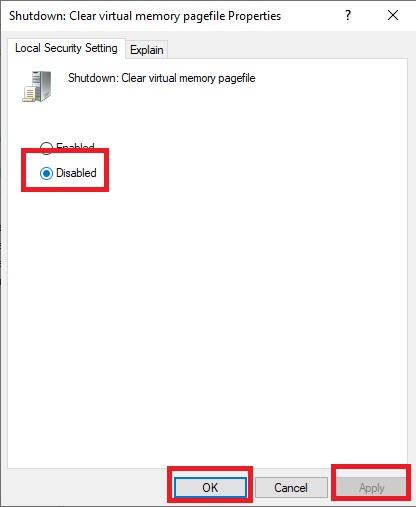 Shutdown: Clear virtual memory pagefile properties disabled