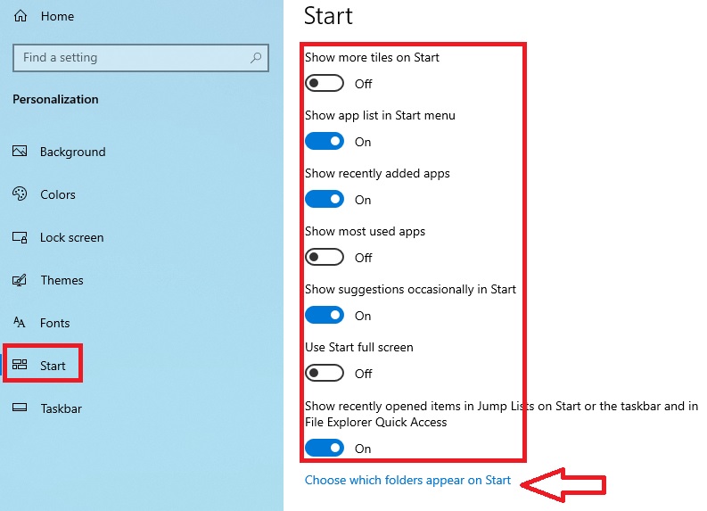 Select Start from the left panel of the Personalization window