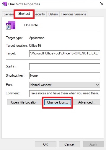 Shortcut tab in the new One Note Properties