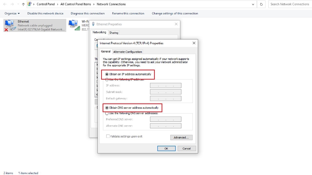 Clicking on ‘Obtain an IP address automatically’ and ‘Obtain DNS server address automatically.’