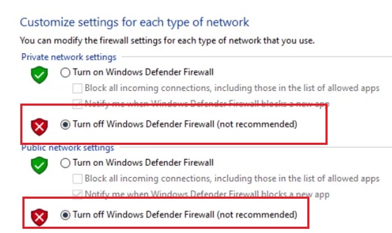 Turn off Windows Defender firewall (not recommended)