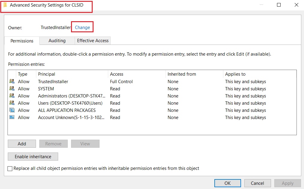 Advanced Security Settings for CLSID window