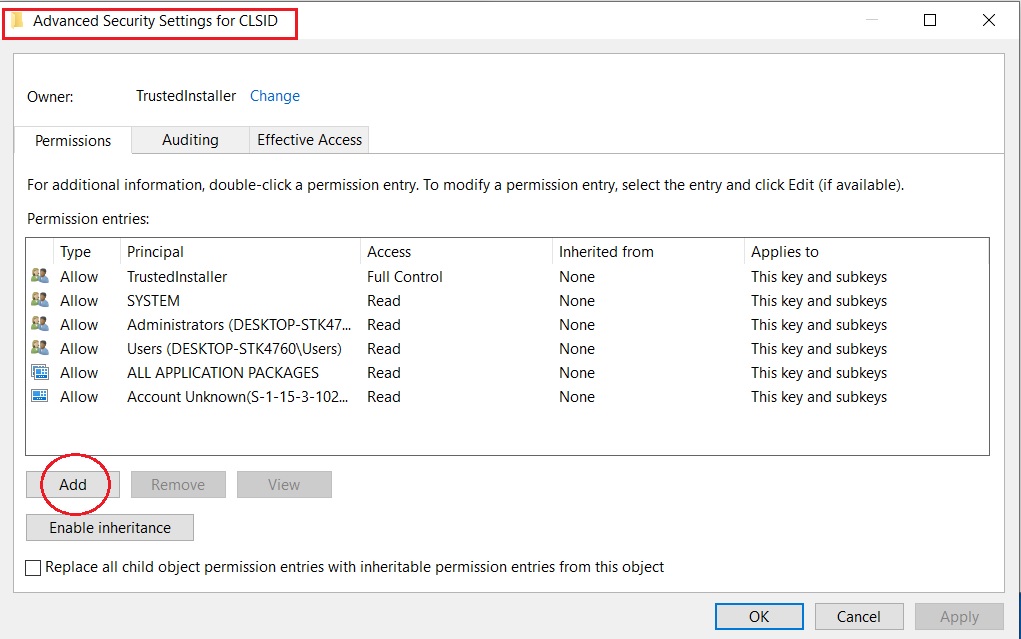 Advanced Security Settings for CLSID window