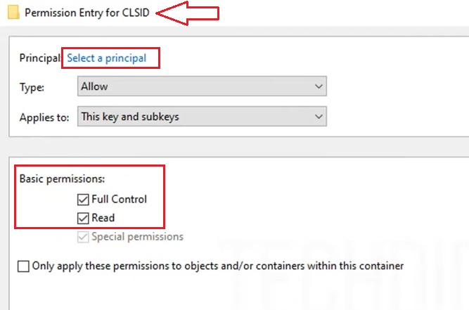 Clicking on Select a principal from the Permission Entry for CLSID window