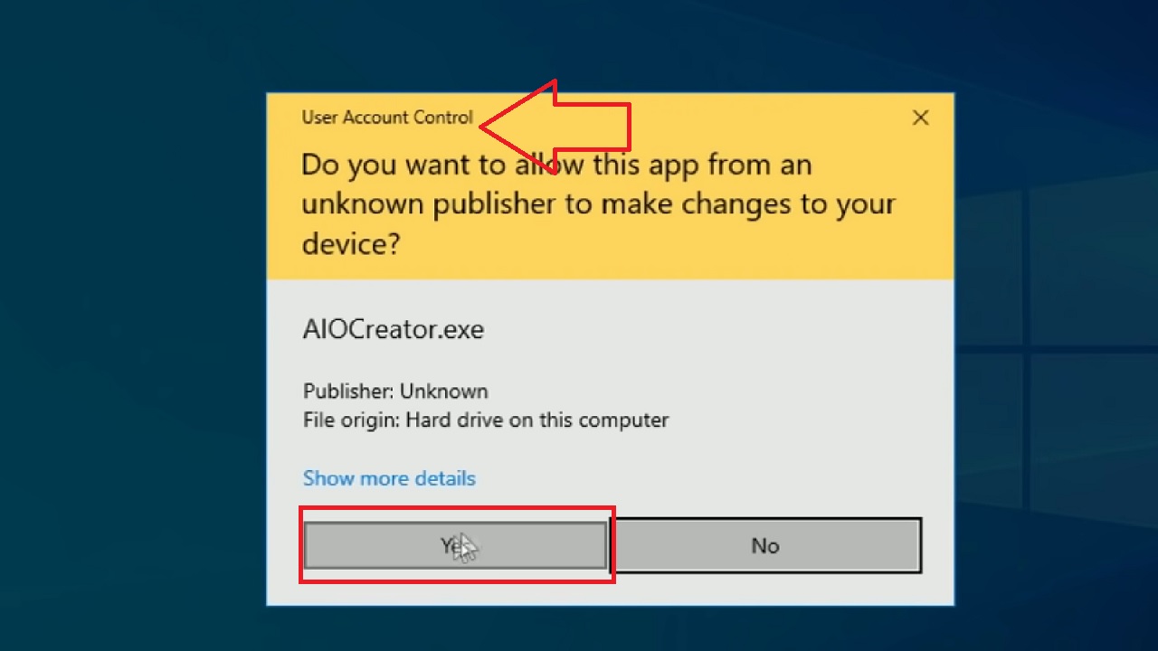 Clicking on Yes in the User Access Control window
