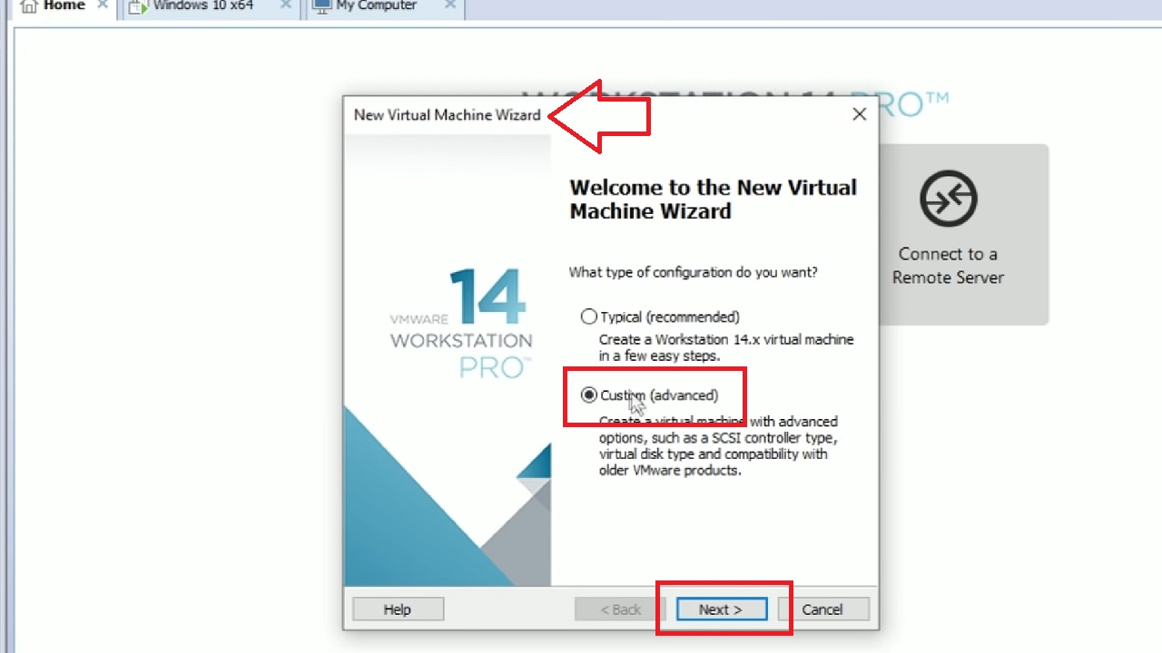 Clicking on the Next button on the New Virtual Machine Wizard window after selecting Custom