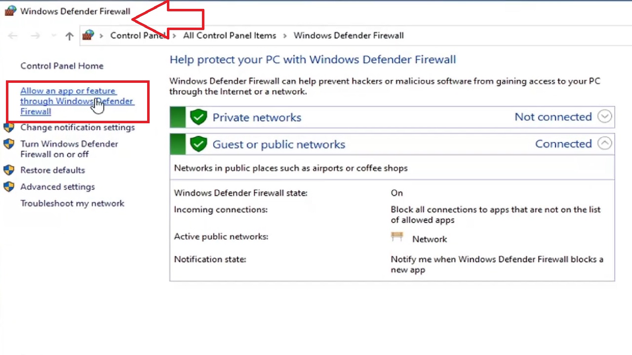 Clicking on the ‘Allow an app or feature through Windows Defender Firewall’ option