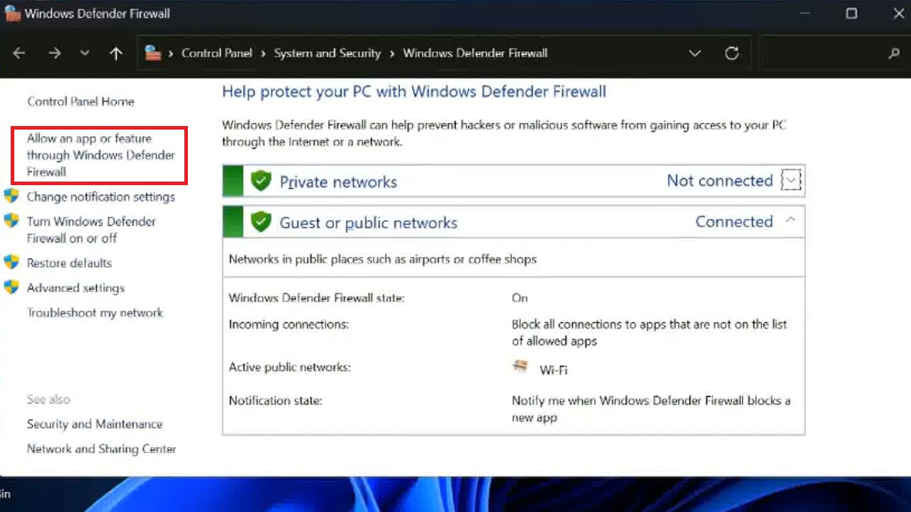 Selecting ‘Allow an app or feature through Windows Defender Firewall’