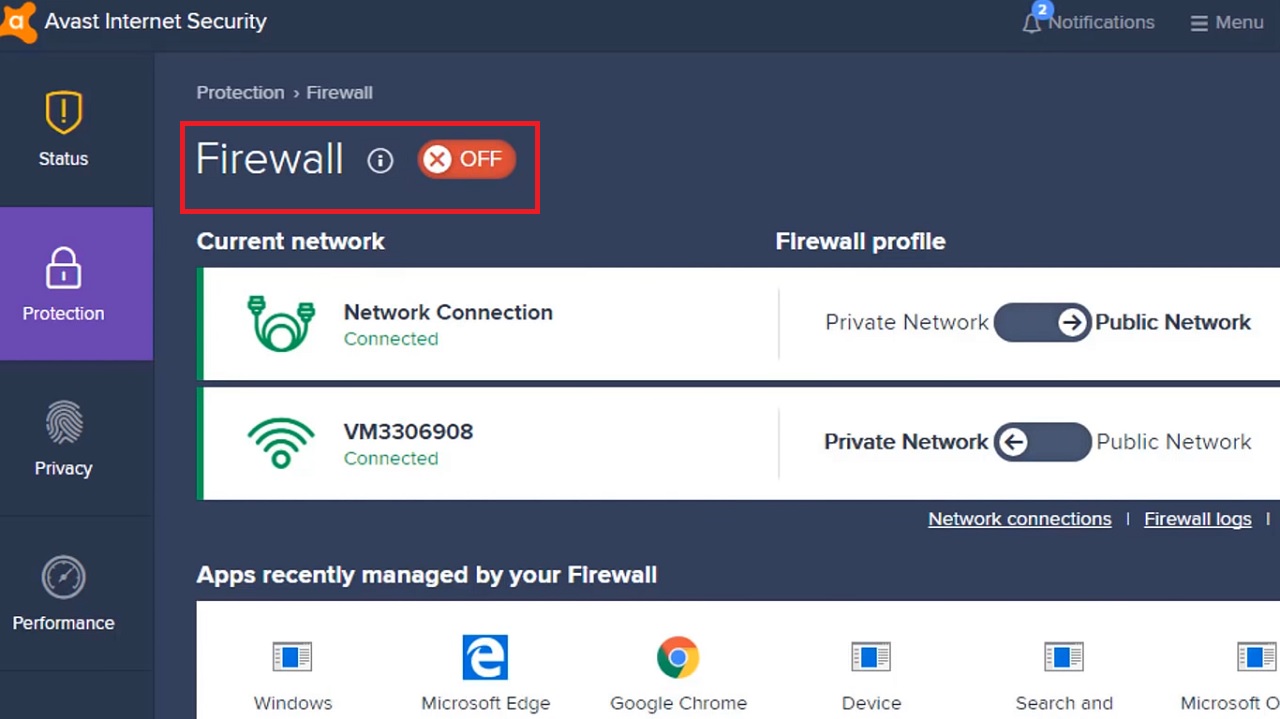 Turning the firewall off