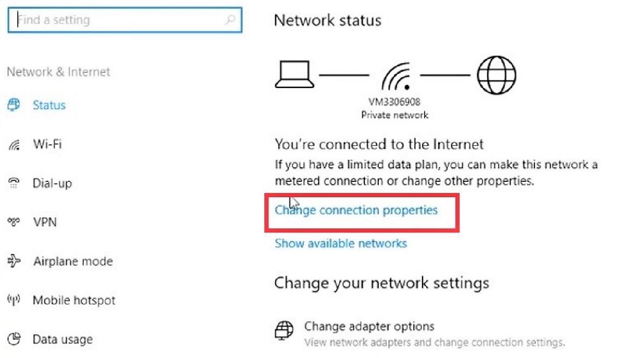 Clicking on Change connection properties