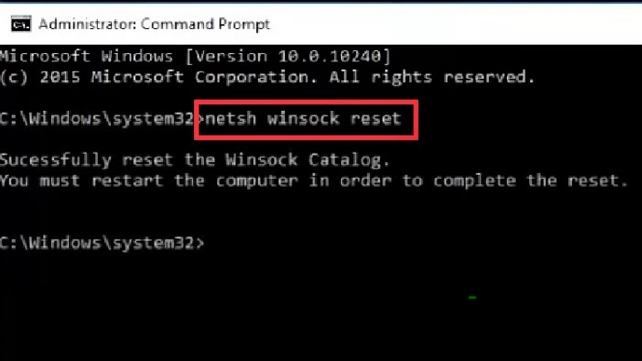 Typing the command netsh winsock reset