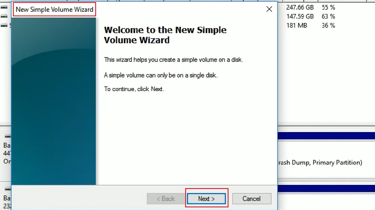 Clicking on the Next button on the New Simple Volume Wizard window