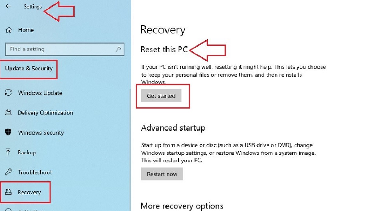 Clicking on Get started under Reset this PC