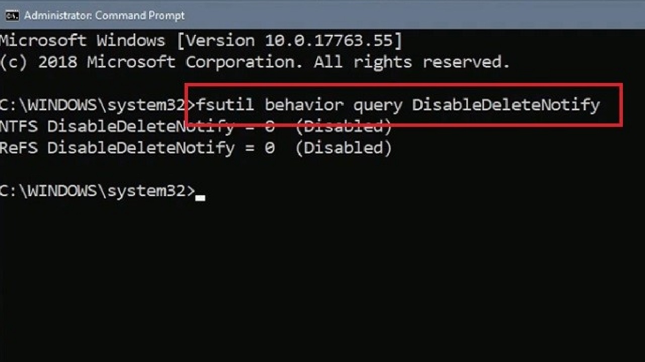 typing in the command fsutil behavior query DisableDeleteNotify