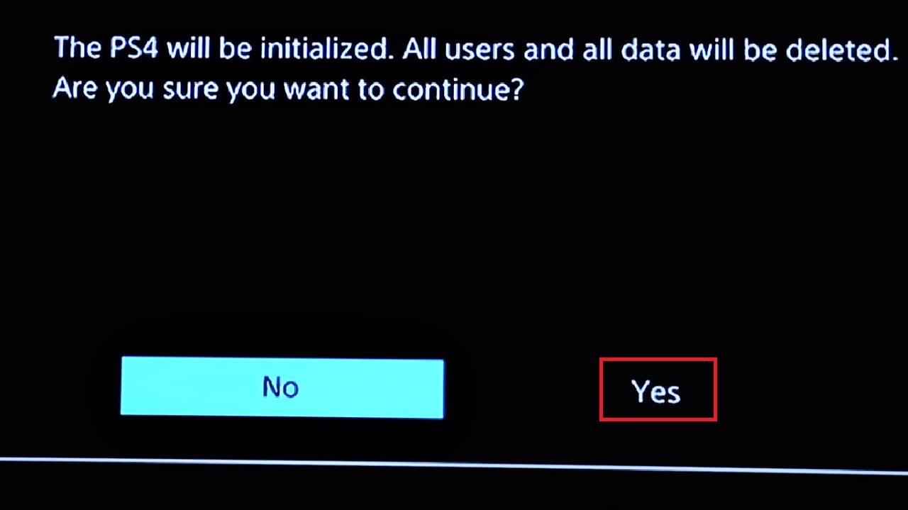 Clicking on the Yes button to Initialize PS4
