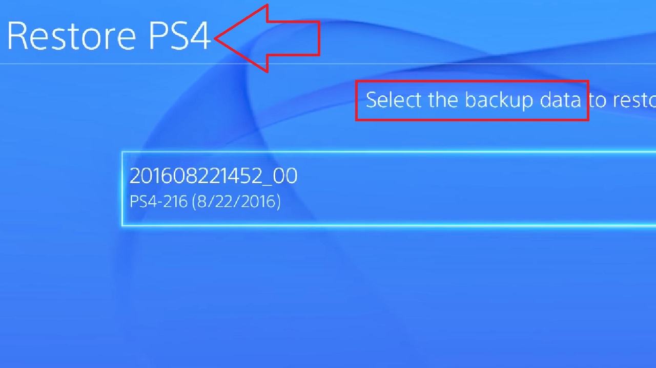 Selecting the backup data from the Restore PS4 window
