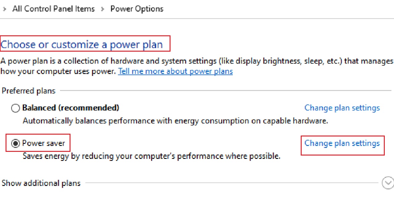 Clicking on Change plan settings in the Choose or customize a power plan window