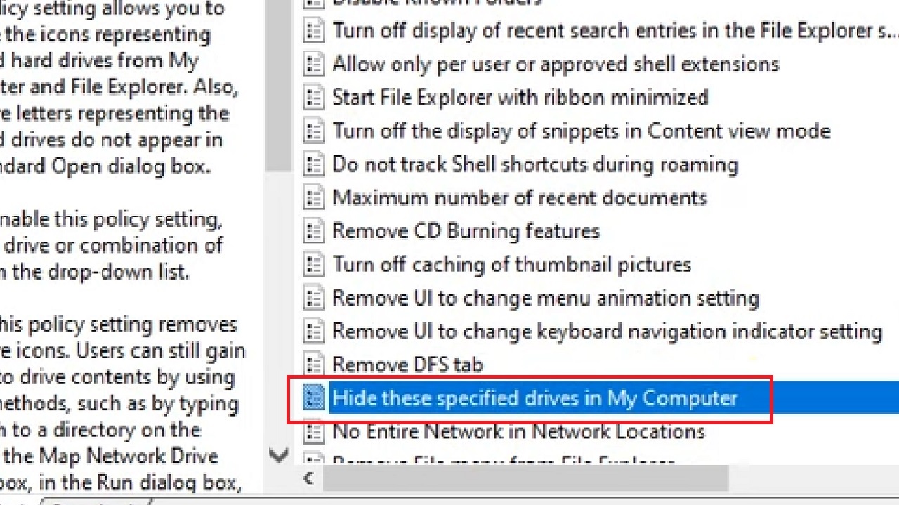 Hide these specified drives in My Computer